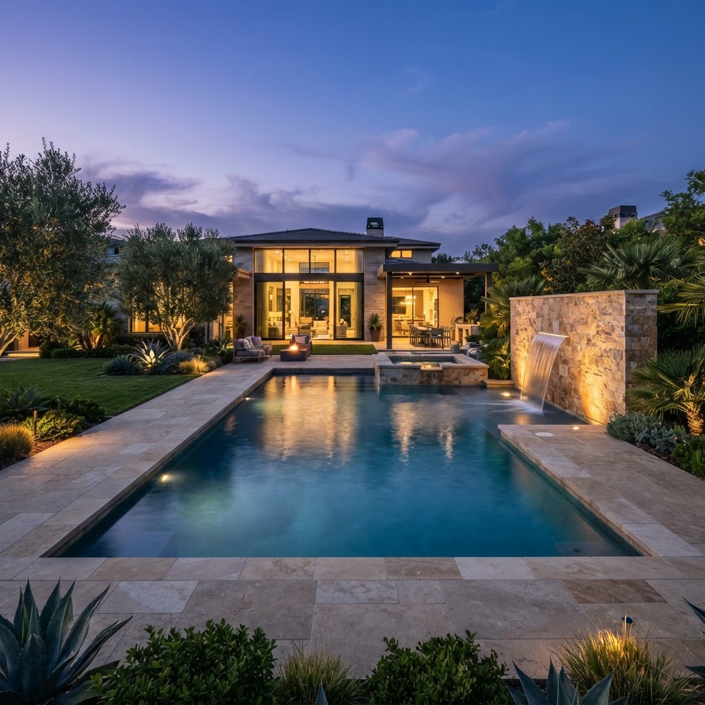 Backyard swimming pool at dusk — weekly pool cleaning and equipment repair for Frisco and North Dallas homes