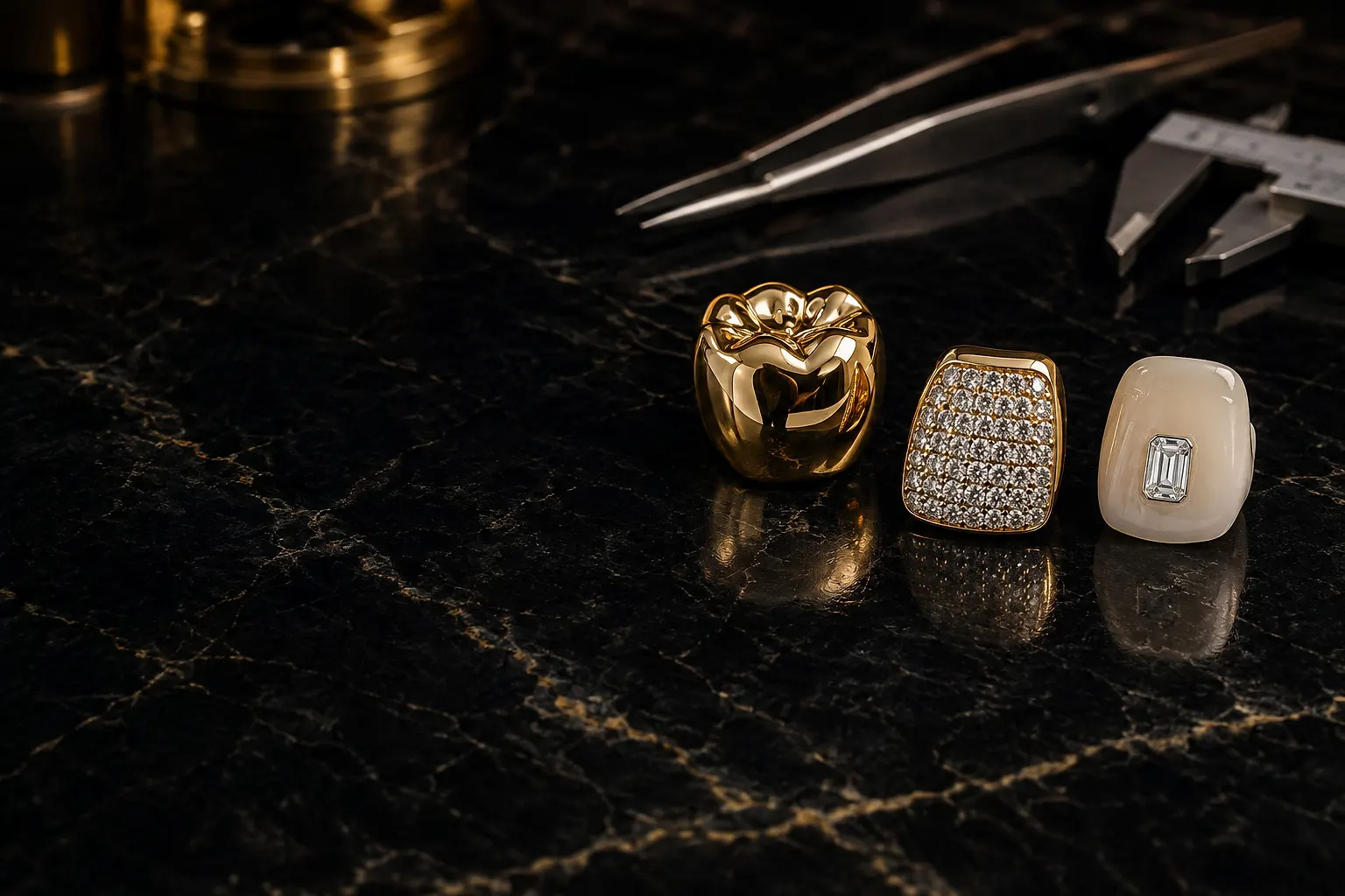 Three gold grillz on black marble — a polished gold molar, a diamond pavé grill, and a stone-set cap