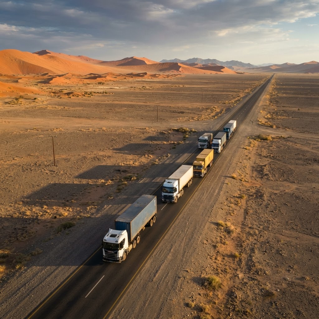 Freight convoy crossing the Namib Desert
