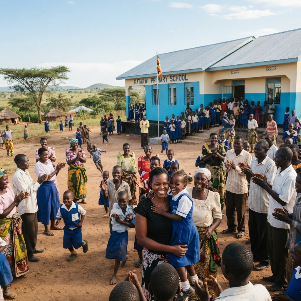 Community gathering outside a new school