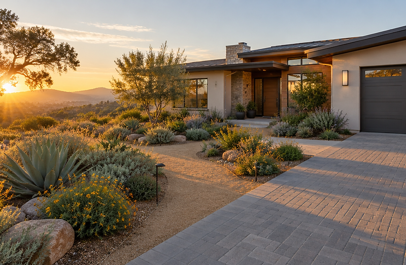 Modern California home with native plants and paver driveway at sunrise