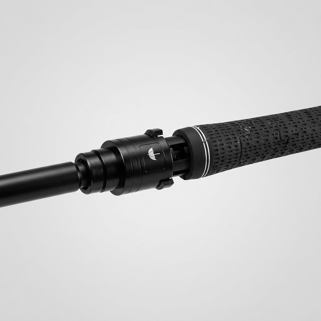 Sportbrella bayonet twist-lock connector on the umbrella shaft with a sport grip being attached