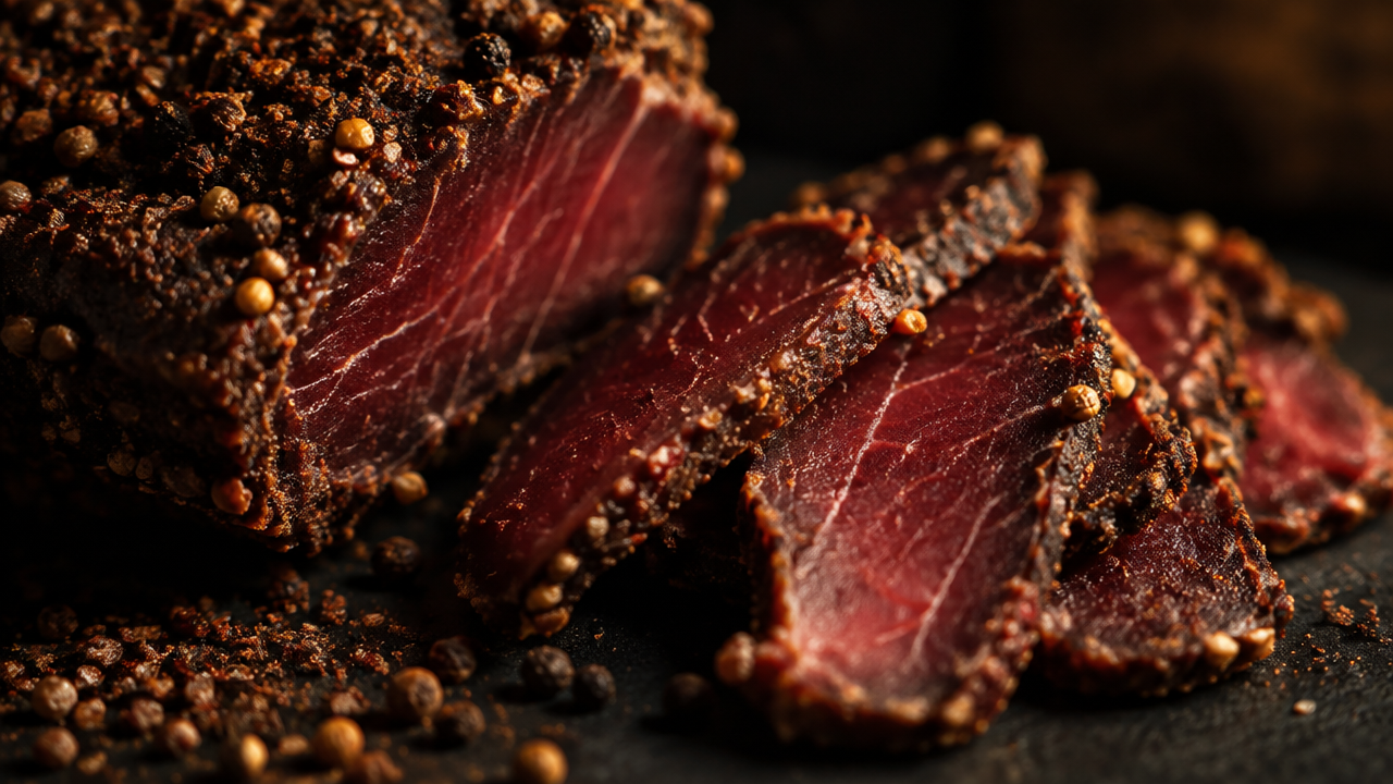Freshly sliced South African biltong close-up