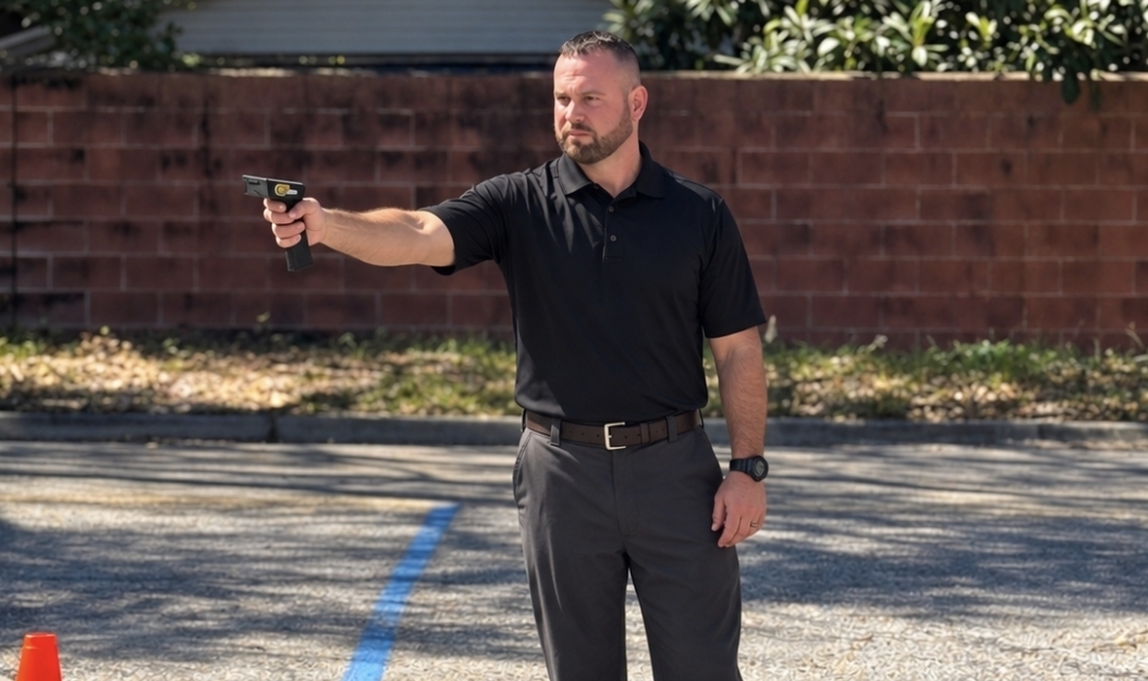 Instructor using a handheld speed device during an outdoor safety exercise
