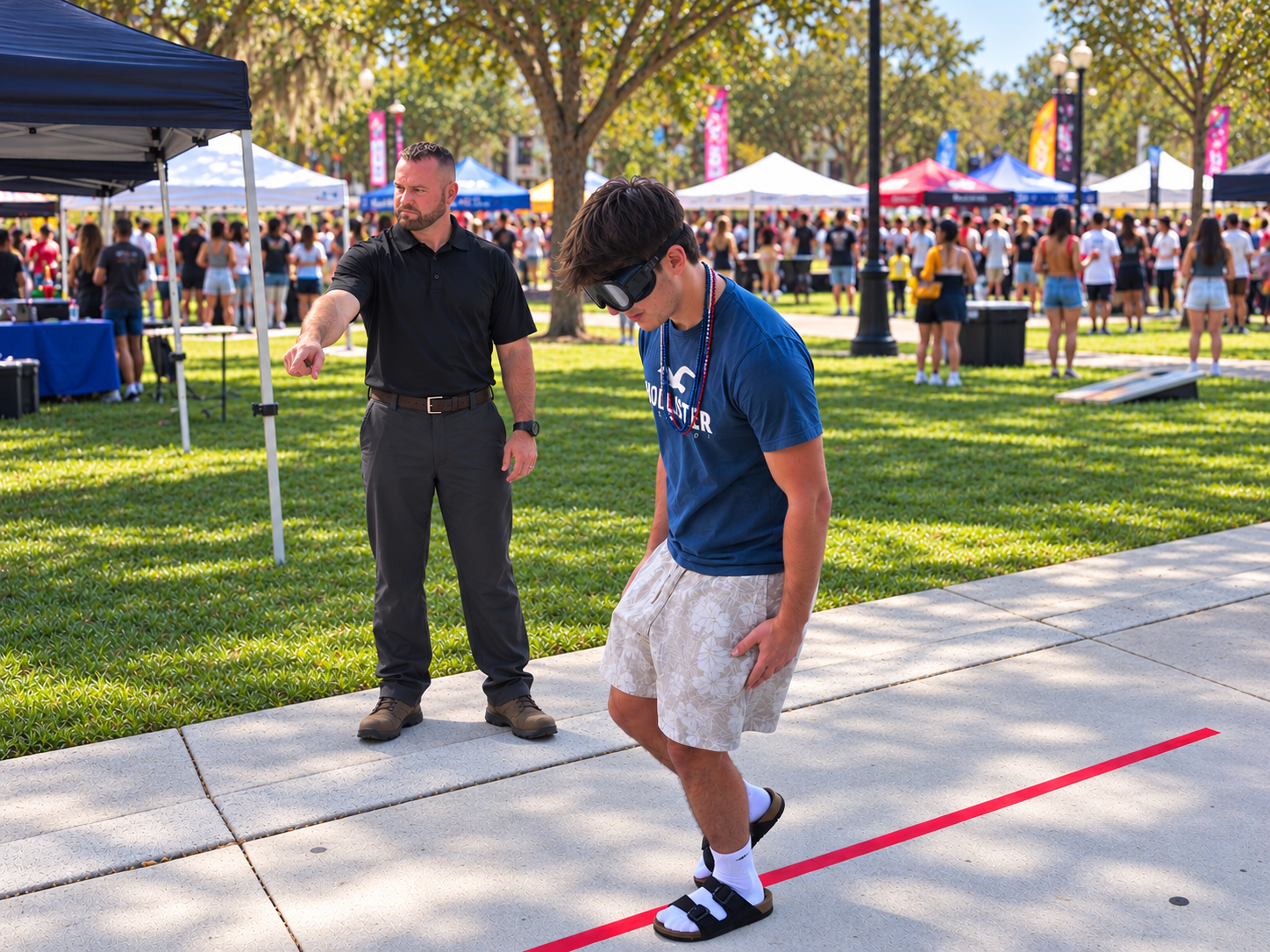 Student wearing impairment goggles walking a line during a field sobriety demonstration