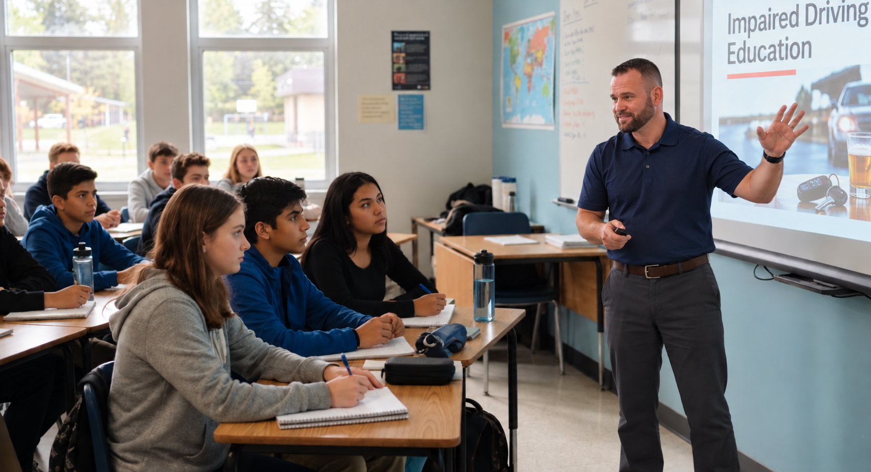 Instructor presenting an impaired driving education slide to a high school class