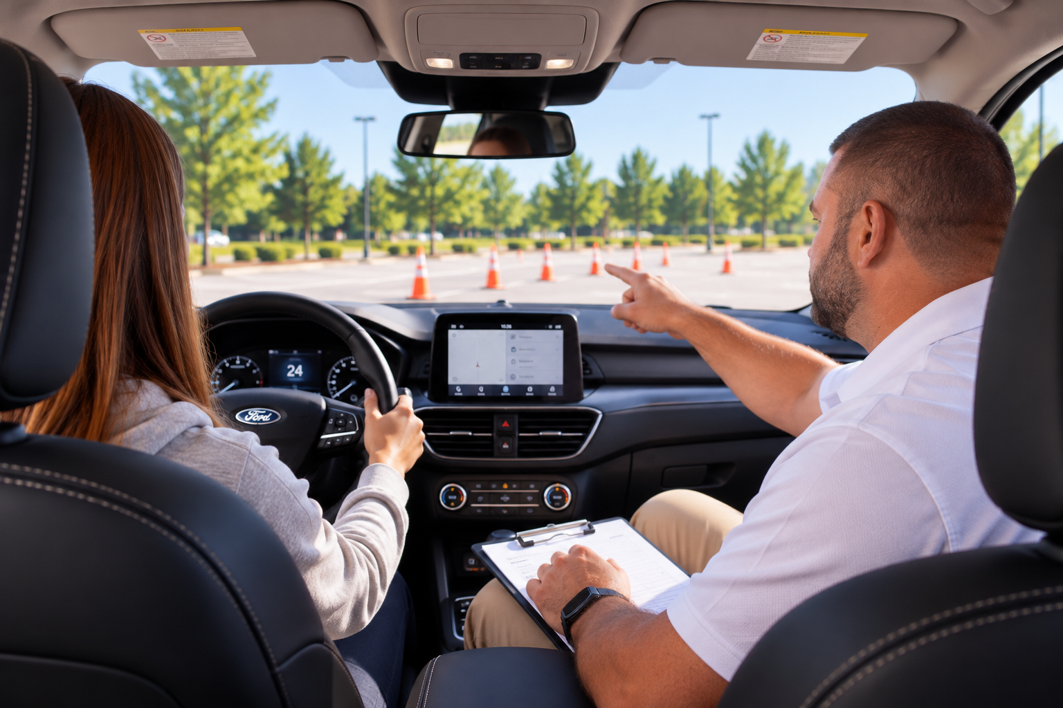 Driving instructor coaching a student behind the wheel during a lesson
