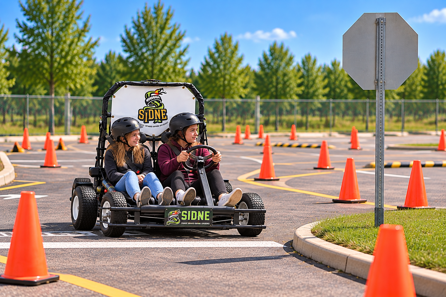 Two students riding the SIDNE impaired driving simulator cart on a coned course