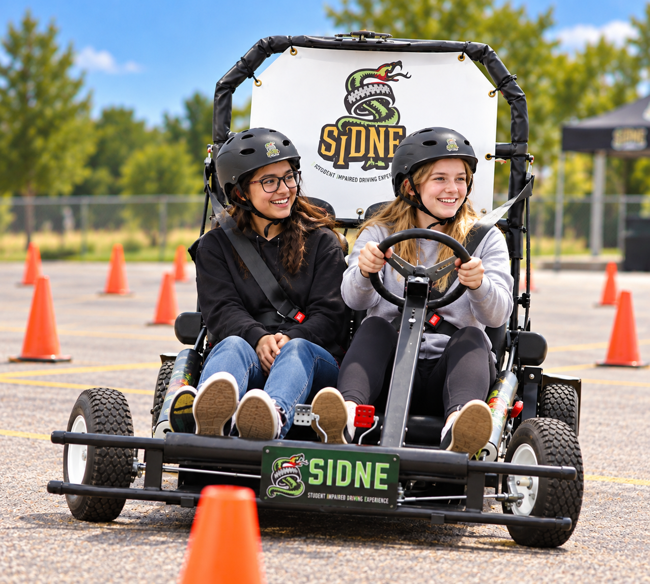 Two students seated in a SIDNE impaired driving simulator cart on a coned driving course