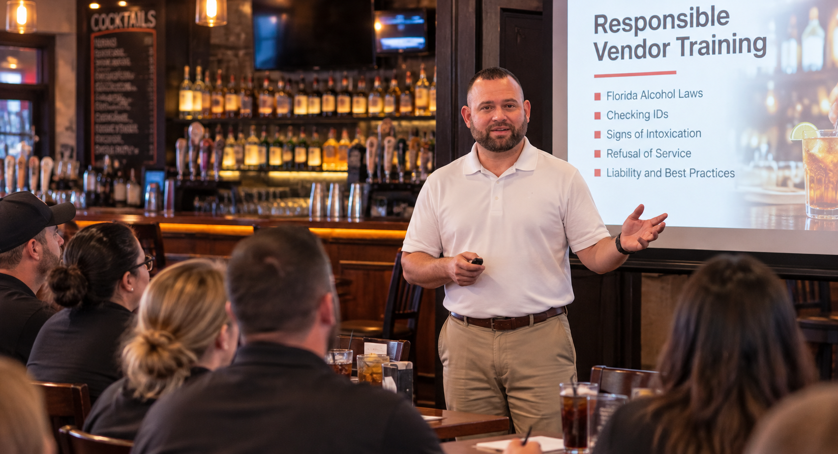 Instructor presenting Responsible Vendor Training to bar and restaurant staff