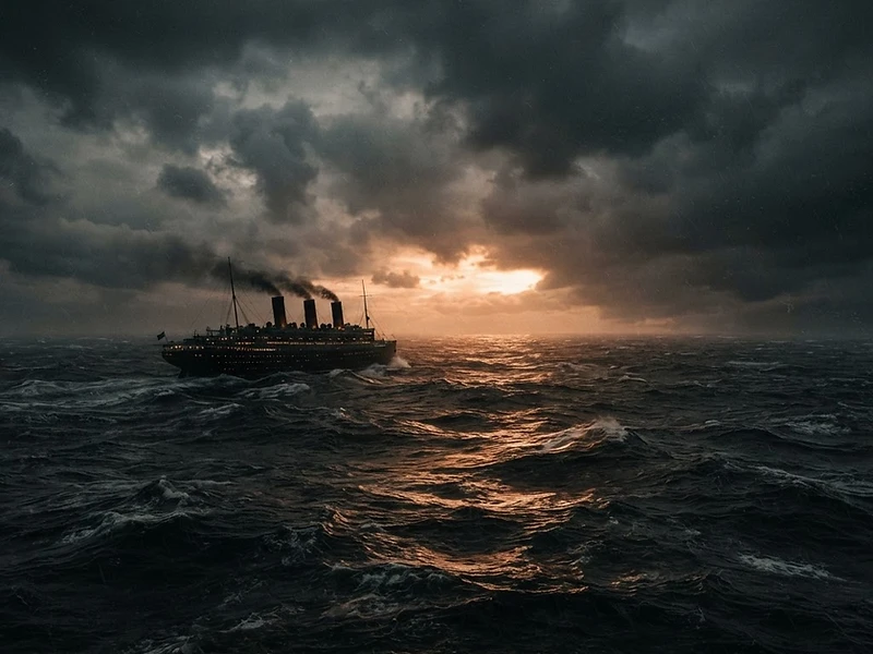 Ensomt skip på mørk hav under chiaroscuro-himmel