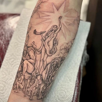 Fine-line black and grey tattoo of a woman reaching up towards a multi-pointed star above a huddle of smaller figures in soft cloud