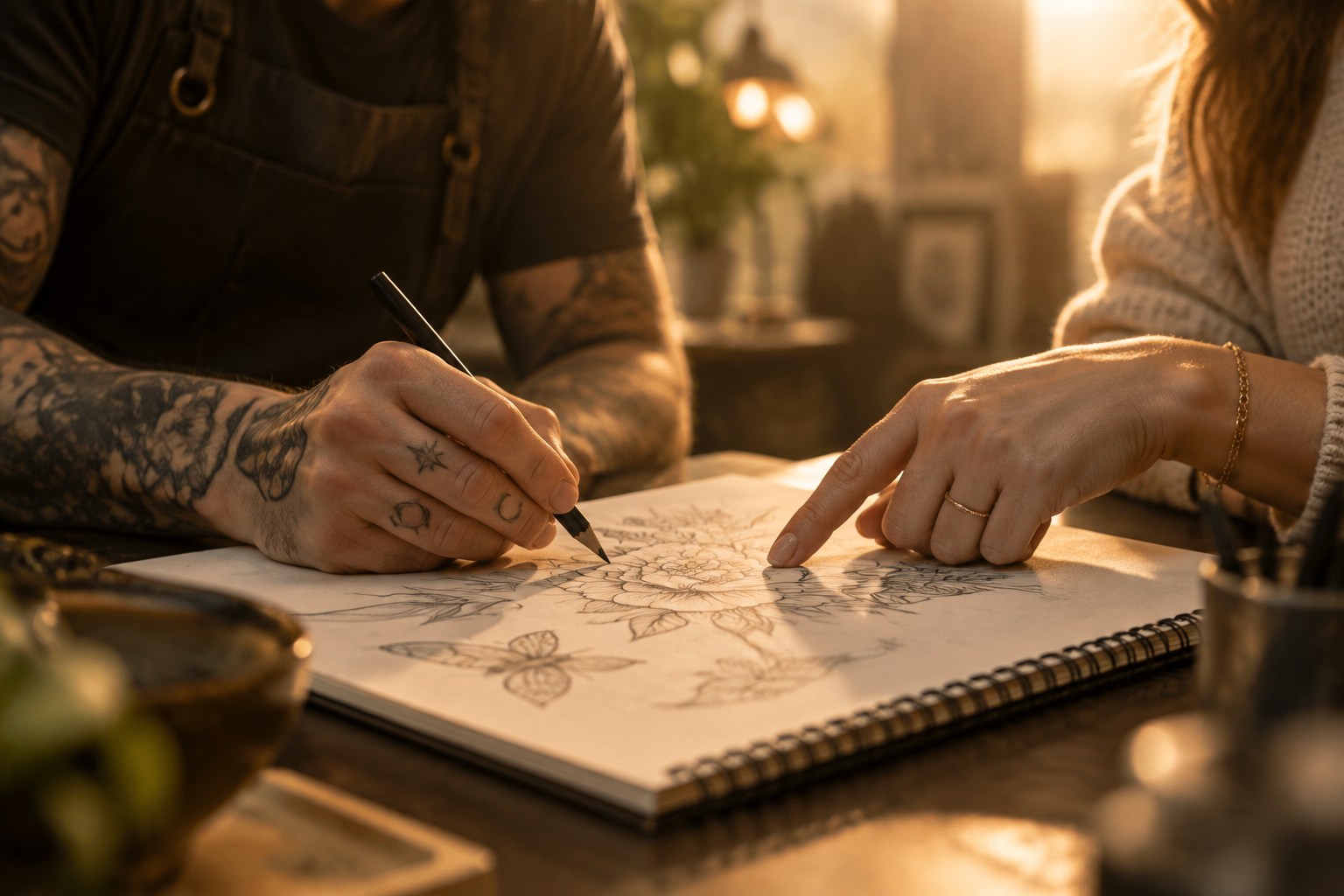 Good Soul artist and client discussing a tattoo design over a sketchpad