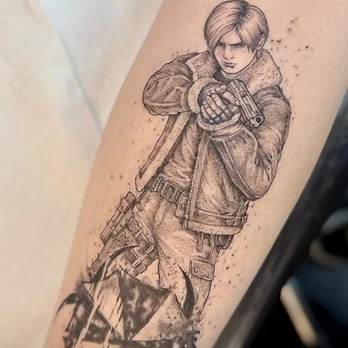 Fine-line black and grey tattoo of a character in a collared jacket aiming a handgun, stippled throughout, standing over a distressed angular umbrella logo