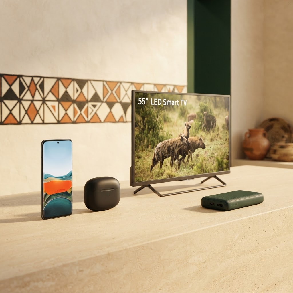 Electronics on display — phone, earbuds, TV and power bank