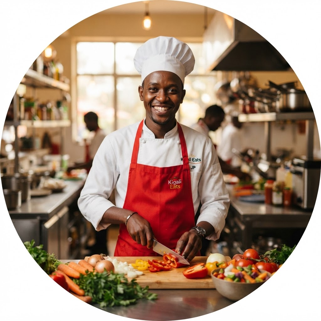 Rwandan chef preparing fresh food