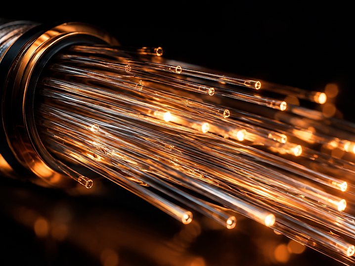 Macro view of glowing fiber optic infrastructure