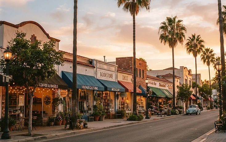 San Fernando Valley neighborhood main street at golden hour