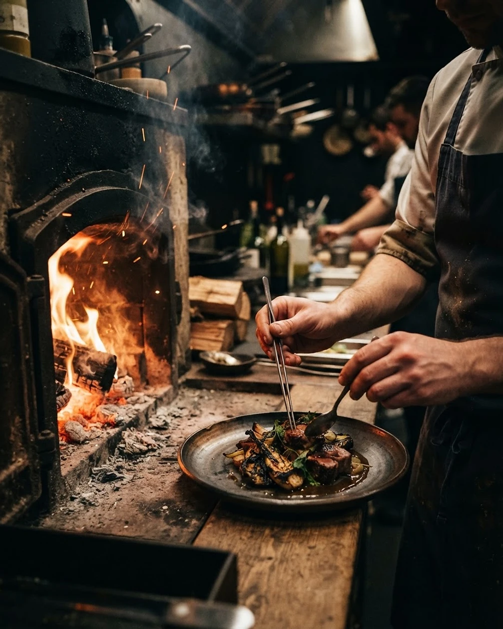 Cooking over oak and olive wood coals