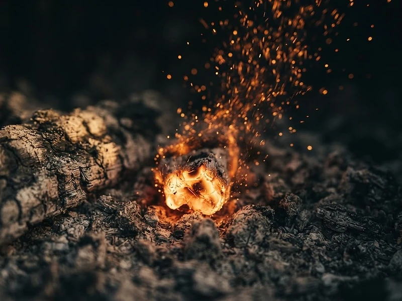 A single glowing ember rising from dark ash — the first spark of the recovery journey