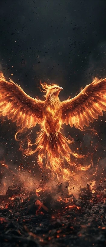 A phoenix rising from the ashes with its wings spread