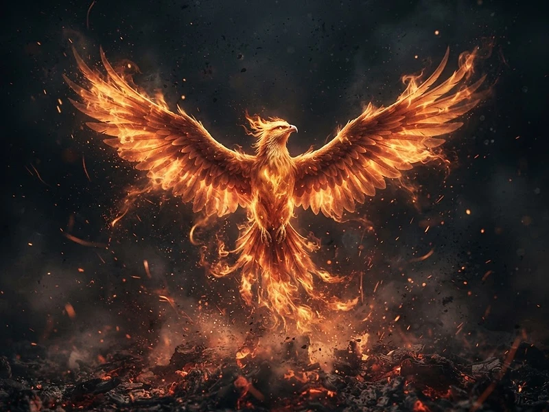 A phoenix rising from the ashes with its wings spread