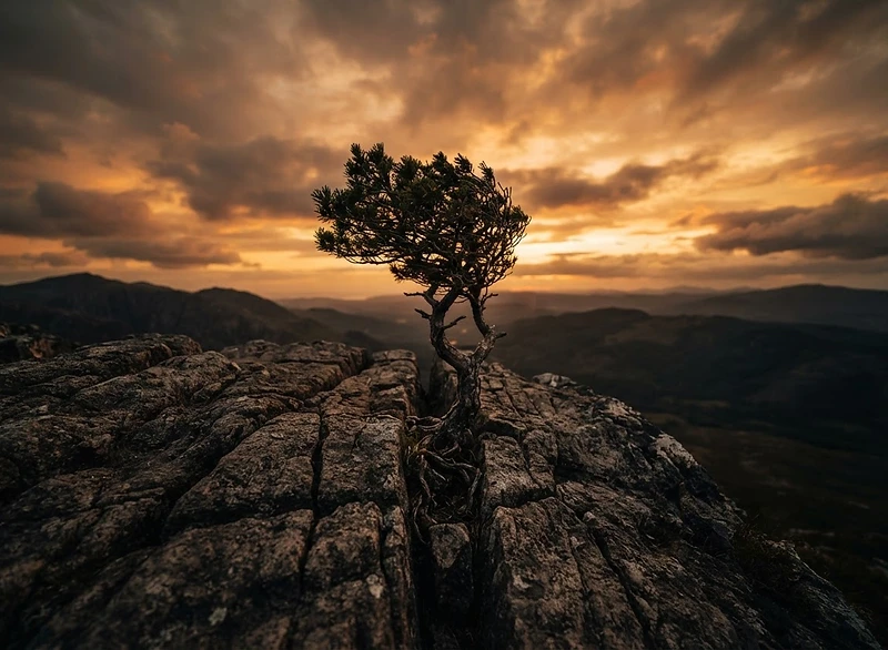 A lone resilient tree growing from cracked rock at dusk — endurance against the odds