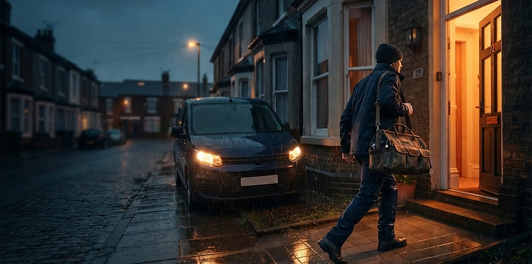 A BuildRush tradesperson arriving at a home emergency on a rainy evening