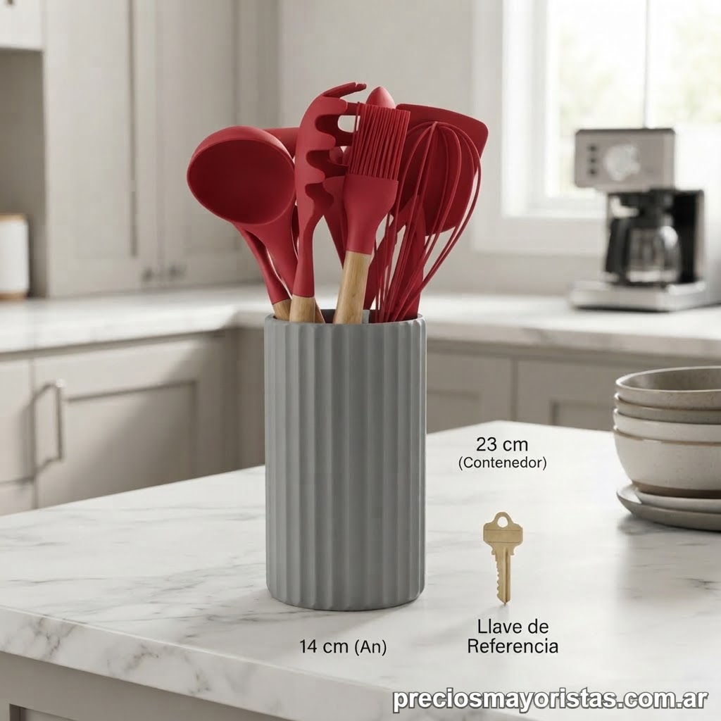 Set De 12 Pzas.:11 Utensilios De Silicona ,mango Bambú Mas Contenedor En Caja