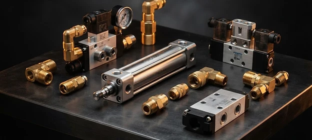 Silinder pneumatik, katup, dan fitting logam untuk kontrol gerak mesin