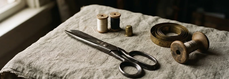 Naturaleza muerta de herramientas de atelier sobre lino prensado: tijeras de acero pesadas, carretes de hilo de seda, cinta métrica de bronce y una bobina de madera