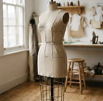 Un toile de algodón sobre un maniquí en un atelier minimalista, con alfileres y marcas de tiza visibles bajo luz direccional suave