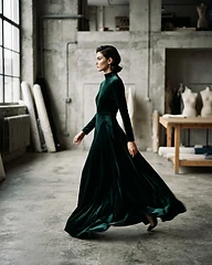 Modelo en movimiento vistiendo un vestido largo de noche en terciopelo de seda color esmeralda, con leve desenfoque de movimiento que revela la caída de la tela