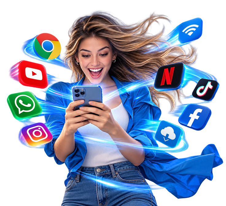 Mujer joven navegando por internet de alta velocidad desde su celular