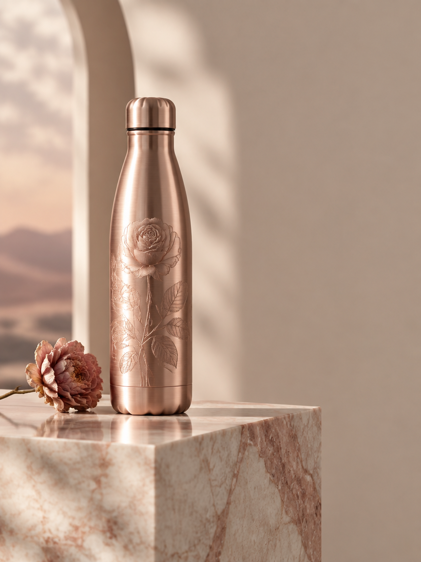 Engraved rose-gold insulated water bottle on a marble plinth