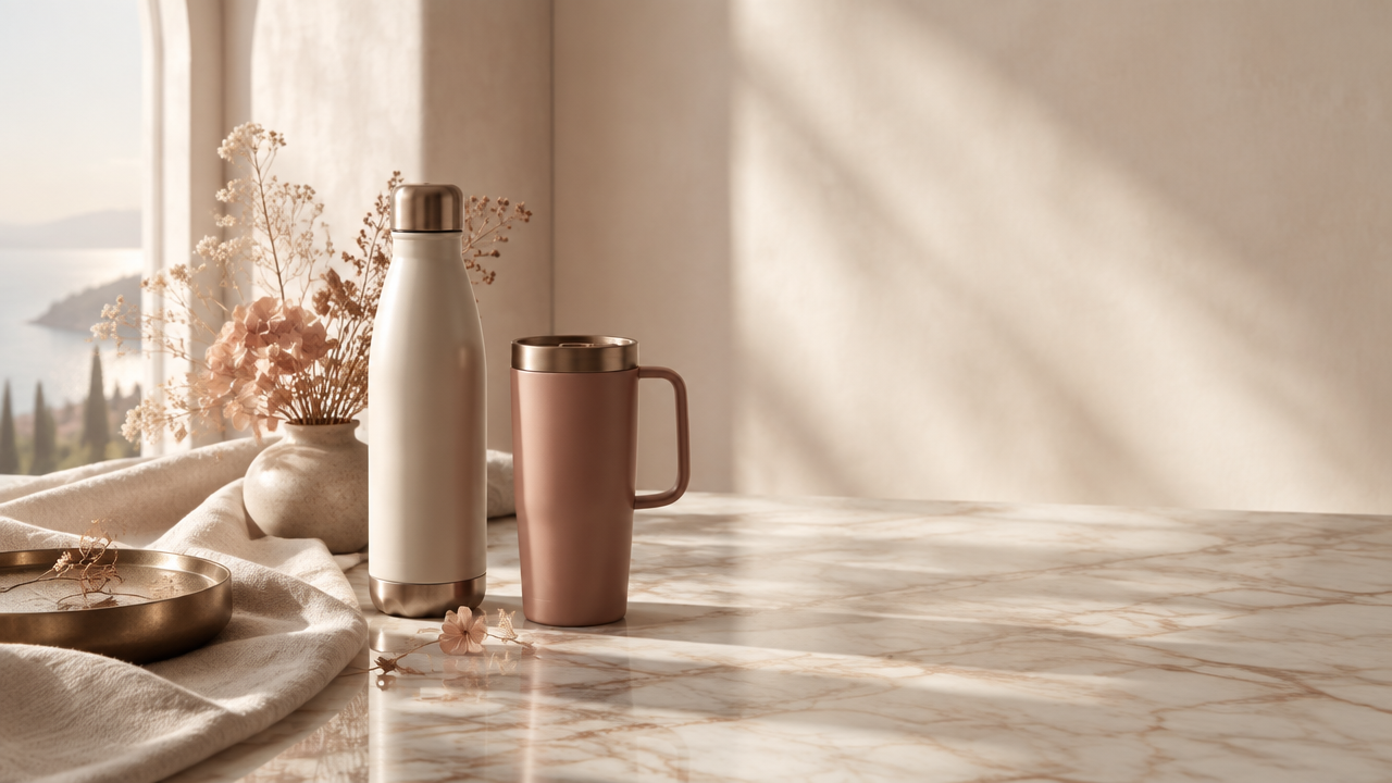 A serene luxury vanity scene with customisable bottles and mugs