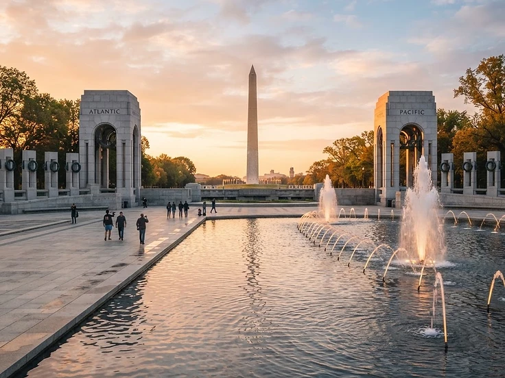 The World War II Memorial fountains and stone pavilions at sunrise