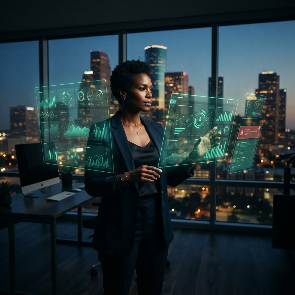 A Houston business owner reviewing glowing analytics dashboards with the downtown skyline at dusk