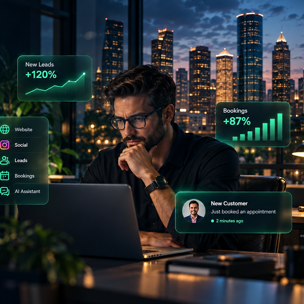 Houston business owner at a laptop with the downtown skyline at night, surrounded by Revica growth analytics cards