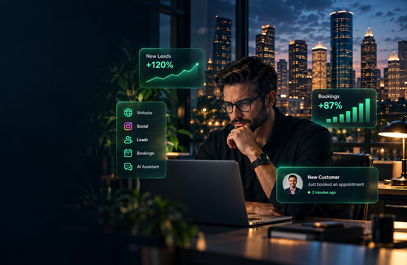 Houston business owner at a laptop with the downtown skyline at night, surrounded by Revica growth analytics cards