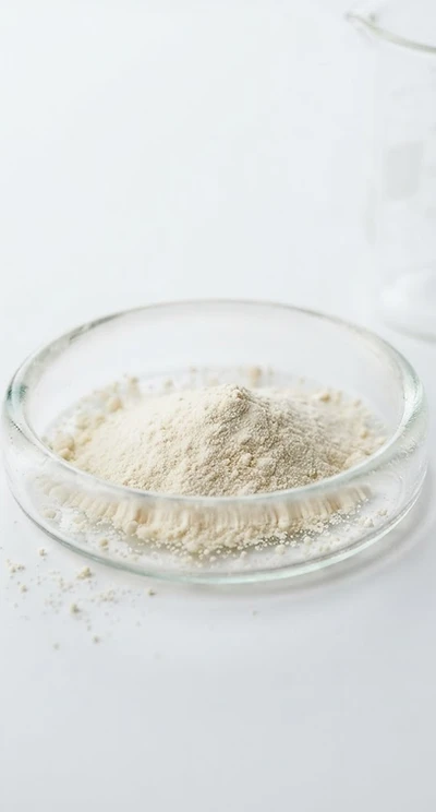 Illustrative laboratory still life of fine protein powder in clear glass