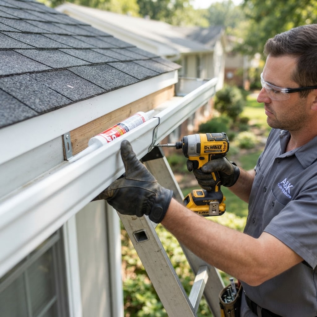 Gutter repair work on a residential roofline
