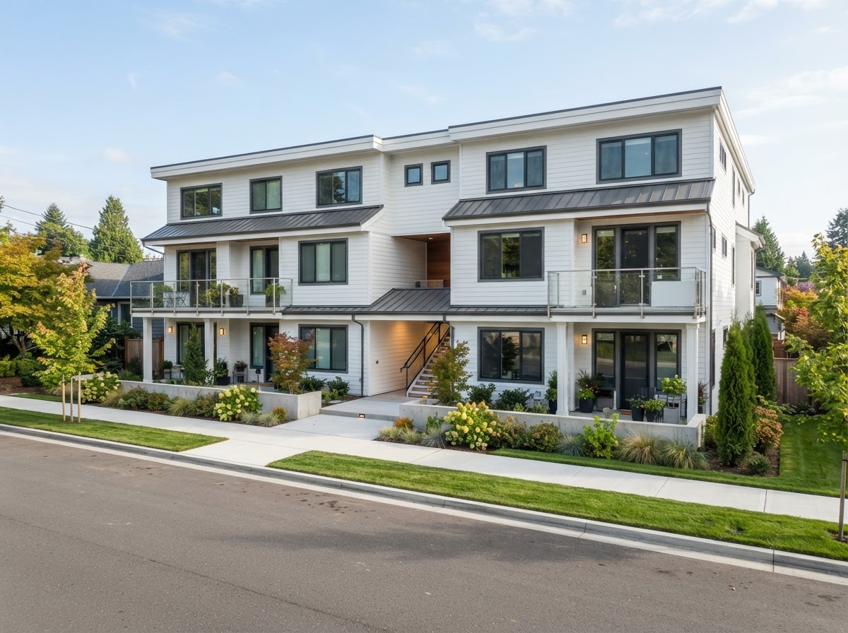 Multi-unit building with freshly washed white siding