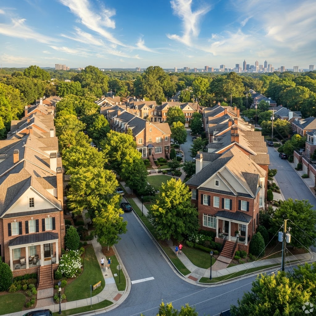 Atlanta-style townhome community with brick facades, clean gutters and mature oaks under a clear blue sky