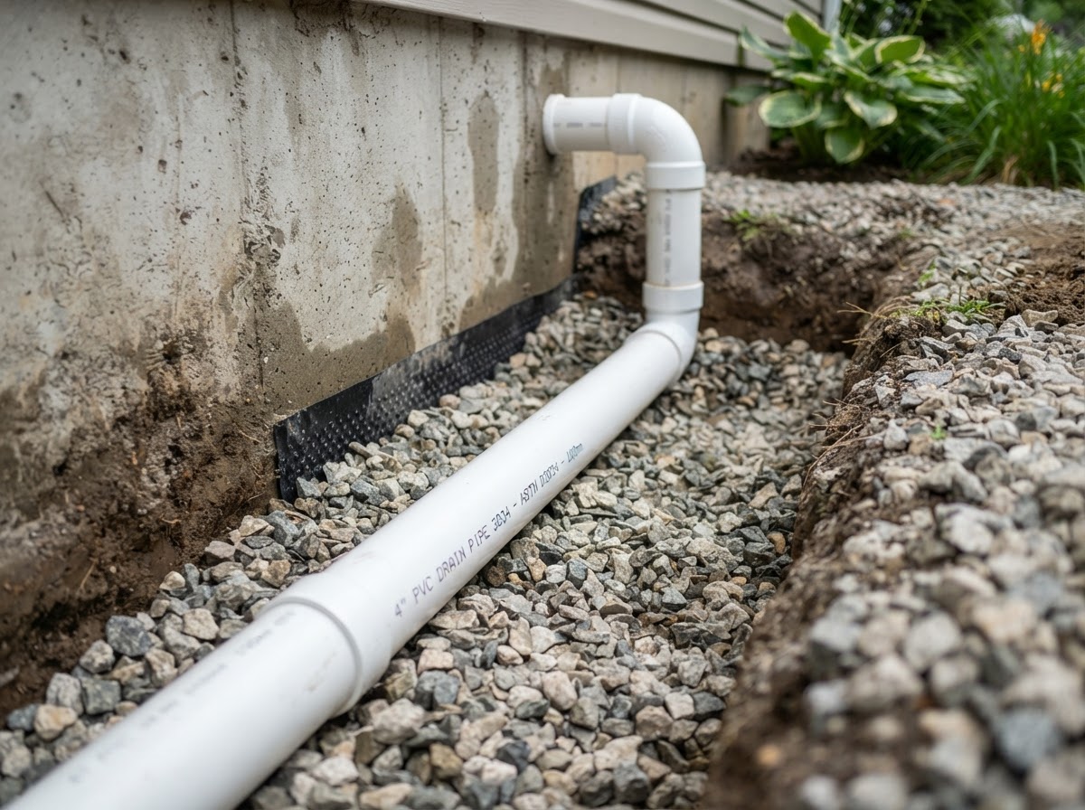 Thick-walled PVC drainage piping installed along a foundation