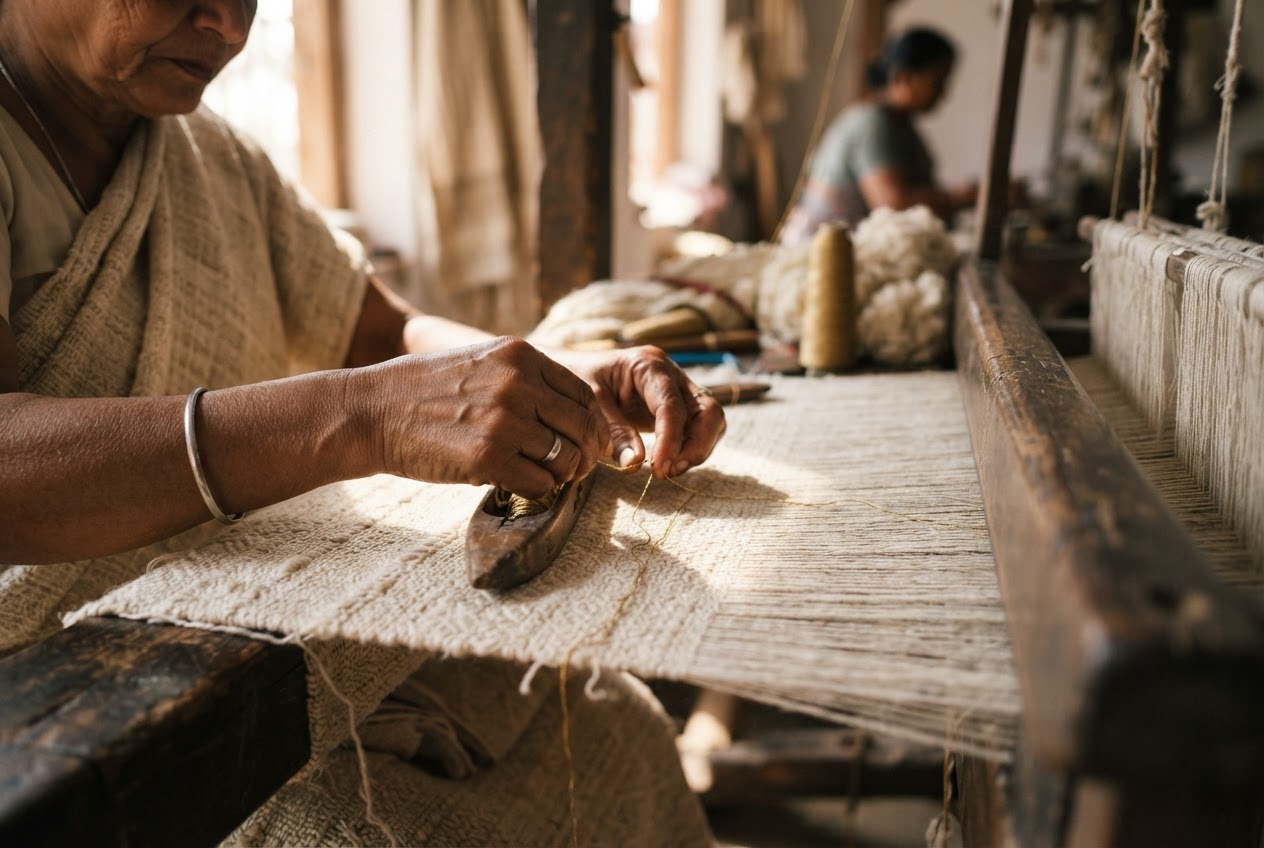 Mains d'artisan tissant un fil doré dans un textile crème