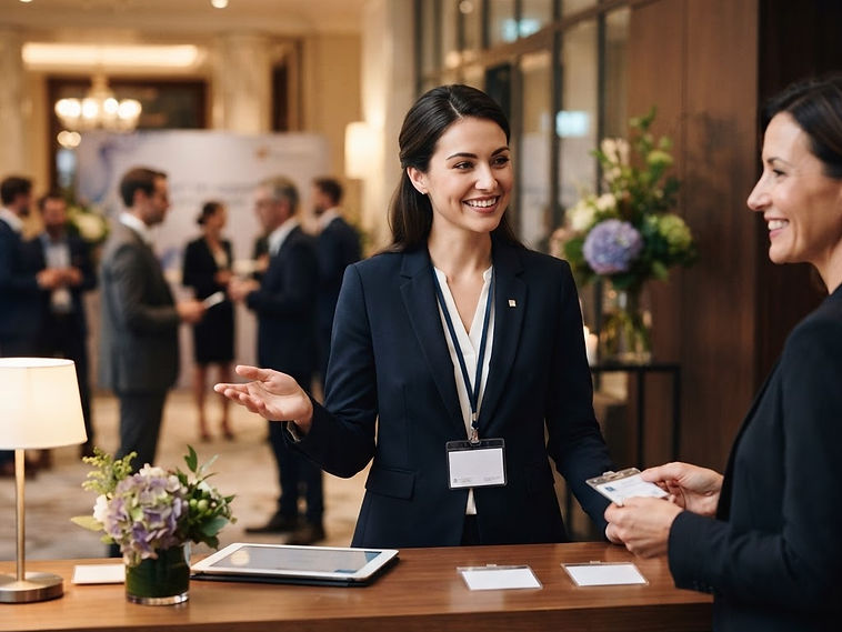 Recepcionista de evento recebendo convidados
