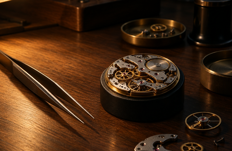 Watchmaker's bench with a disassembled movement
