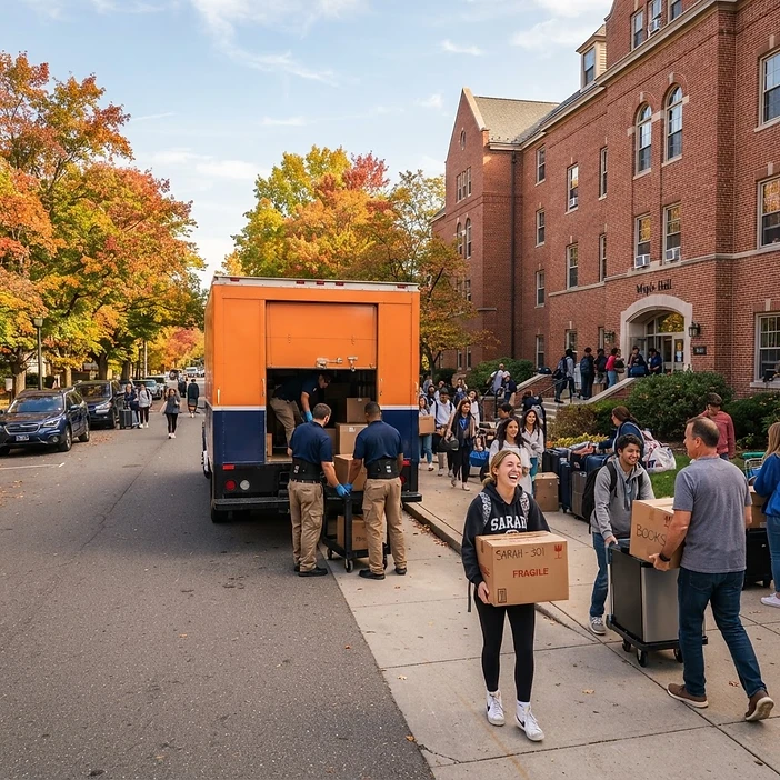 CampusHaul movers loading a truck outside a university residence hall