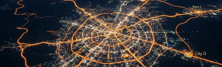 Nationwide logistics route network at night